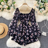 Floral Jumpsuit Women Ruched V Neck Puff Sleeve Office Rompers Autumn Boho Print Holiday Wide Leg Short