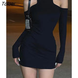 Elegant Solid Mini Dress Women Sexy Off Shouider Full Sleeve Bodycon Party Dresses Autumn Knitted Evening Outfits