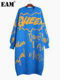 Women Printed Big Size Long Knitting Dress New Round Neck Long Sleeve Loose Fit Fashion Tide Autumn Winter 2022