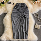 Women Knit Skirt Sexy Drawstring Ruched Irregular Midi Skirt Fashion Streetwear Solid High Elastic Waist Party Club