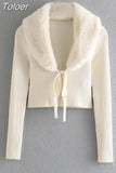 MODA 2023 Winter Women Faux Fur V-Neck Patchwork Cardigan Knitting Short Sweater Chic Long Sleeve Single Breasted Slim