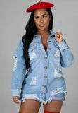 Fashion Blue Ripped Button Long Sleeve Jeans