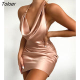 Summer Women Fashion Elegant Sexy Solid Dress Solid Cowl Neck Satin Ruched Party Dress Sleeveless Chic Party Mini
