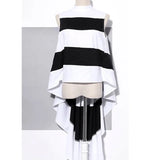 Striped Chiffon Shirt For Women Sleeveless Stand Collar Draped High Waist Asymmetrical Long Blouse Summer
