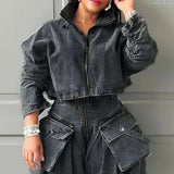 Toloer 2024 New Niche Design Feel Tooling Wind Denim Jacket Women's High Waist Loose Show Thin Short Jacket-Outfit