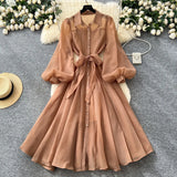 Dress Woman Autumn 2025 Court Style Niche Collar Single Buckle Strap To Belt Lantern Sleeve Long
