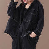 Korean Denim Jacket Female Hooded Long Sleeve Pockets Asymmetric Frayed Coat Women 2023 Casual Fashion