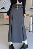 Vintage Belt Long Skirt Women Autumn 90s Aesthetic Streetwear Y2k High Waist Slim A-line Pleated Skirt Korean