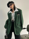 Women Green Plaid Big Size Casual Blazer New Lapel Long Sleeve Loose Fit Jacket Fashion Tide Spring Autumn 2023