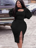 Large-Size Women's Clothing 2025 Autumn New Fashion Temperament Hollow Long Sleeve Open Fork Pure African