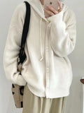 Korean Fashion Cardigan Women Single-breasted Long Sleeve Top Drawstring Hooded Knitted Sweater Coat Cardigan Crop