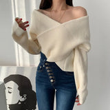 Party Sannian Korean Autumn And Winter Women's Sweater V-neck Cross-shoulder Loose Long-sleeved Knitted Sweater Female Clothes