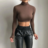 Sheath Women Solid Turtleneck Tshirt Autumn Stretch Casual Undershirt Female All-match Street Activity Crop