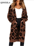 Autumn Winter Long Leopard Cardigan Women Knitted Sweater Oversized Coat Colorful Long Sleeve Women's Clothing Female