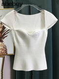 new spring sqaure collar sleeveless knitting pullover slim short high waist top female tank