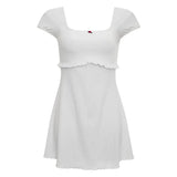Fairycore Grunge Dress Women Square Neck Short Sleeve Knitted Dress with Little Flower 2000s Dresses Daily Party
