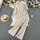 Fashion Casual Knitted Sets Winter Women Long Sleeve Irregular Pullovers+ Wide Leg Pant Loose Sweater Two Pieces