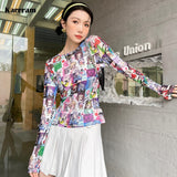 Sweet Cartoon Print Mesh Top Y2k Aesthetic Long Sleeve T Shirts Women Anime E Girl Kawaii Clothes 90s Sexy