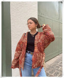 Brown Paisely Jacket Coat V Neck Long Sleeve Belt Sashes Ladies Blazer Autumn Winter Abrigo Mujer 2022 Women Boho
