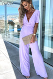 Jumpsuit Sexy Slim High Waist Short Sleeves Ruffle V-neck Pleated Wide Leg Overalls Women Jumpsuits One Piece