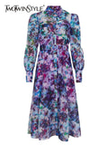 Loose Midi Dress For Women Lapel Long Sleeve High Waist Print Colorblock Dresses Female Spring Clothing Style