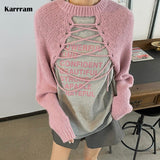 Korean Fashion Bandage Pullover Irregular Lace Up Knitted Jumpers Pink Cape Shawl Cropped Sweater Chic Designer