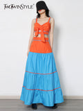 Patchwork Colorblock Two Piece Set Women V Neck Sleeveless Tops High Waist Loose Ankle Length Skirt Female Sets