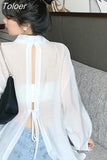 Korean Sunscreen Shirt Women 2023 Summer Clothes Fashion Bandage Blouses Elegant Loose Long Sleeve See Through White