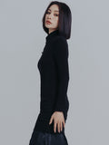 Women Black Hollow Out Slim Casual T-shirt New Stand Collar Long Sleeve Fashion Tide Spring Autumn 2023