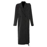 New Striped Splicing Irregular Ribbon Handmade Flowers Long Blazer Wind Coat