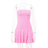 Y2k Coquette Tiered Skirt Drop Waist Dress Girls Summer Cutecore Pink Strapless Mini Dresses for Women 2023