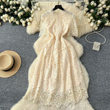 Elegant Heavy Industry Hollow Hook Water-Soluble Lace Dress Women's French Waist Thin Short Sleeve