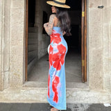 Toloer Women's New Sexy Strapless Print Bag Hip Slit Dress Children By The Sea-Outfit