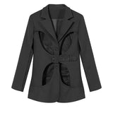 Women Red Hollow Out Casual Blazer New Lapel Long Sleeve Loose Fit Jacket Fashion Tide Spring Autumn 2023