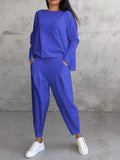 New Women's Pure Color Round-Neck Long-Sleeved Suit Women's Pocket Trousers Trousers