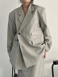 Fashion Women's Notched Collar Spliced Diagonal Buckle Striped Blazer Loose High Waist Grey Skirt Spring 2023 New