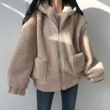 Hooded Ladies Plus Velvet Thick Coat All-match Jacket Pure Yellow Sweet and Cute Autumn and Winter Lamb Wool Loose Coat