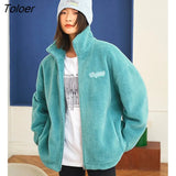 Women Lamb Wool Thick Coat 2022 Winter Long Sleeve Stand Collar Loose Jacket Letter Print Warm Comfort Casual