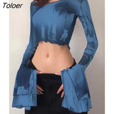 Sexy Bondage Dye Print Tee Long Flared Sleeve Fashion Short Top Mesh See Through Elegant Sweater Vintage Streetwear