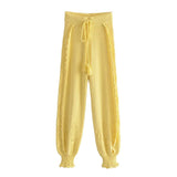 Vintage Fashion Solid Hollow Out Embroidery Hooded Sweaters Women Pullovers Ruffles Knitted Harem Pants