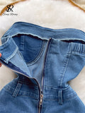 Strapless Denim Women Irregular Dress Backless Zipper Summer 2022 Pocket Sexy Club Ladies A Line Fashion Mini