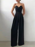 Classy Lady Suspender Jumpsuit Pleated V-Neck Wide Leg Floor-Length Overalls Summer 2022 High Street Female