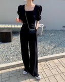 Summer Women Square Collar Puff Sleeve Wide Leg Jumpsuits Korea Vintage Office OL Slim Waist Playsuits Overalls