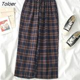 Pants Women Elastic Waist Plaid Wide Leg Trousers Womens Students Simple Chic Trendy Office Lady All-match Harajuku