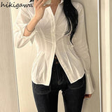 Blouses for Women Slim Waist Folds Vintage Shirts Turndown Collar Long Sleeve Slim Fit Fashion Tops 2023 Vestidos De