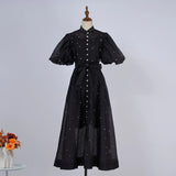 Court Style High Design Feeling Heavy Industry Nail Drill Short Sleeve Single Buckle Dress +