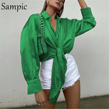 Elegant Stain Women Blouse Tops 2021 Long Puff Sleeve Sexy Lace Up Ladies Fashion Loose Blouse Shirt Tops Autumn