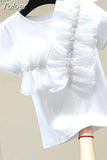 Shirts for Women Ruffles Patcheork Tshirt Fashion Sequins Y2K Tops White Black T-shirts Ropa Mujer Korean Summer
