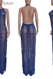 Crochet Knit Beach Long Dress for Women Summer Halter Neck Backless See Through Robe Elegant Solid Holiday Vacation