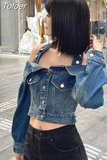 Ropa Mujer Harajuku Blue Jean Jacket Woman Sexy Slash Neck Tunic Y2k Tops Streetwear Outwear Fashion Casual Korean